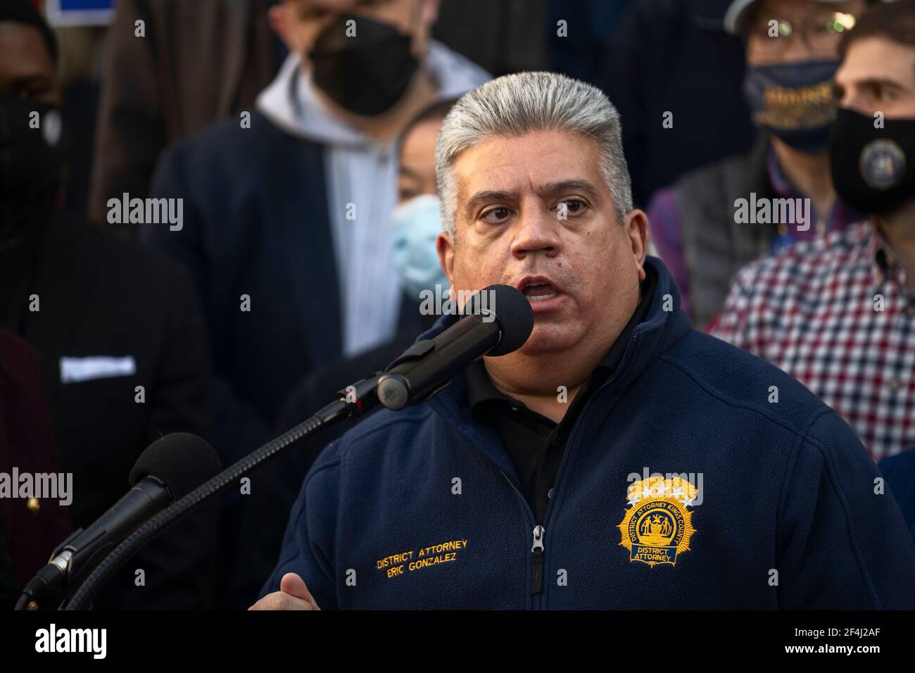 Brooklyn, New York, USA. 21 March 2021 Kings County (Brooklyn) District Attorney Eric Gonzalez speaks during rally against violence and discrimination after recent attacks against Asian-Americans in New York City and across the U.S. during the COVID-19 pandemic. Credit: Joseph Reid/Alamy Live News Stock Photo