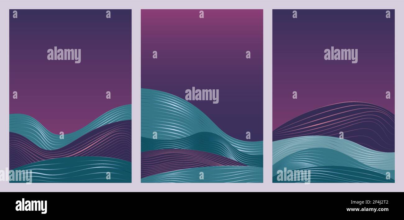 Abstract blue waves, gradient landscape set, template background for social media stories Stock