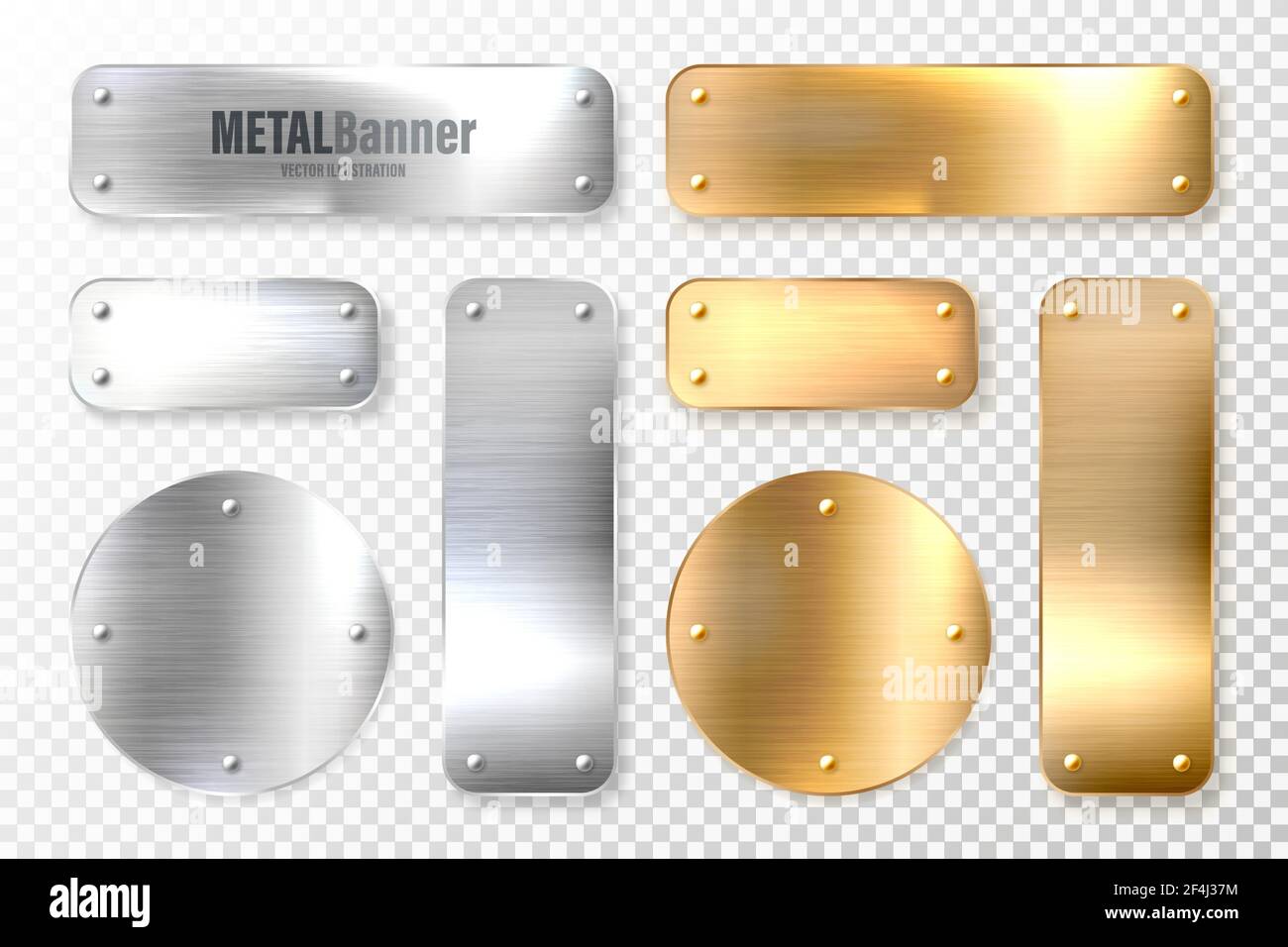 Realistic shiny metal banners set. Brushed steel and copper plate ...