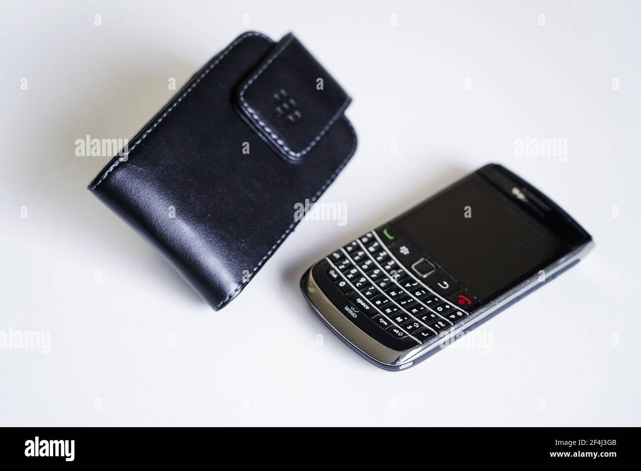 blackberry phone and blackberry leather case Stock Photo