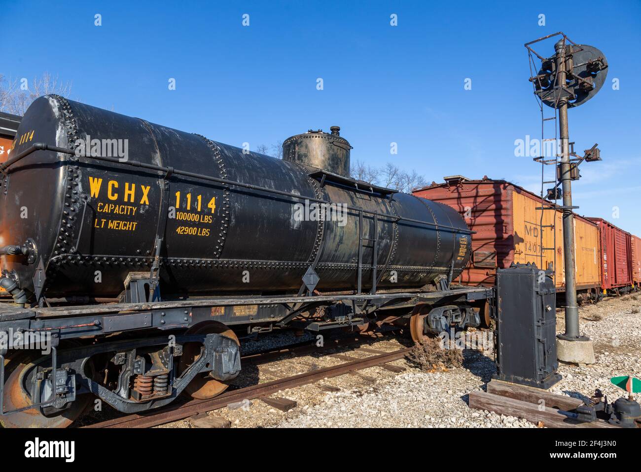 An antique WCHX Rail tank car sits on display at the Hoosier Valley Railroad Museum in North Judson, Indiana, USA Stock Photo