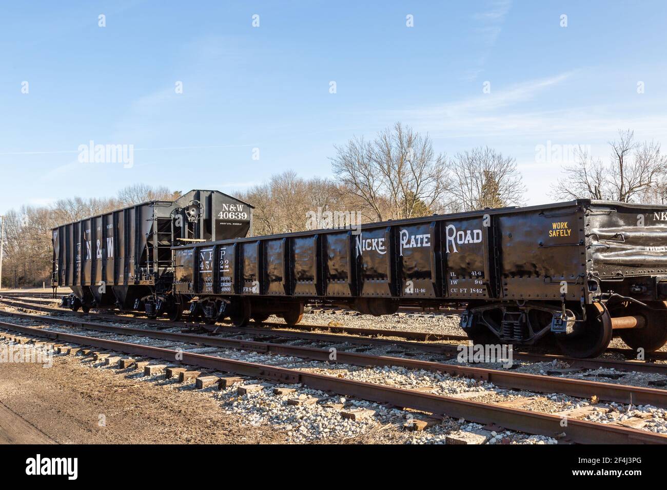 Restored antique Norfolk and Western and Nickel Plate Road rail cars sit o display at the Hoosier Valley Railroad Museum in North Judson, Indiana, USA Stock Photo