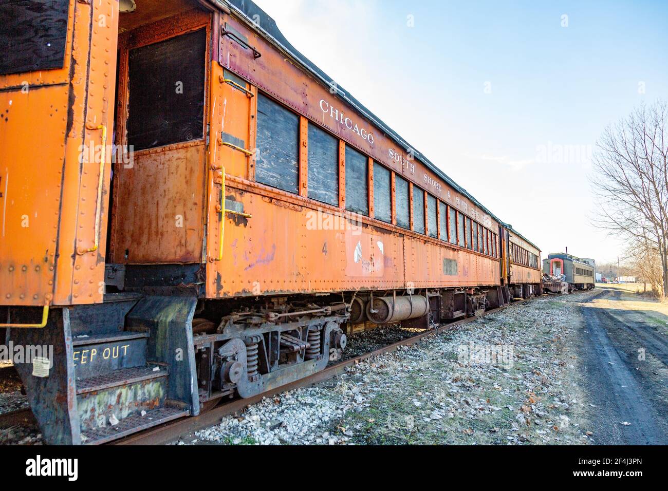 A vintage Chicago South Shore & South Bend Railroad passenger car sits on display at the Hoosier Valley Railroad Museum in North Judson, Indiana, USA. Stock Photo