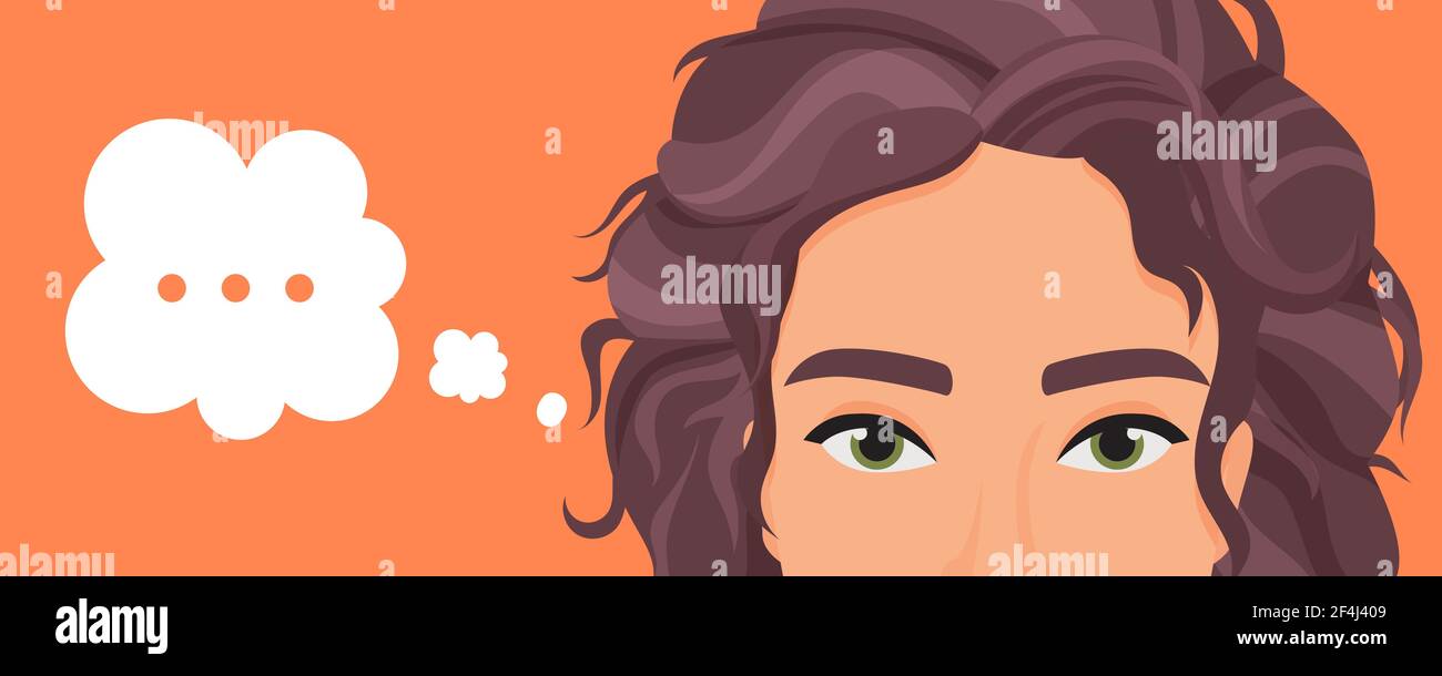 Girl thinking about problem with dots in think bubble, expression portrait with eyes Stock Vector