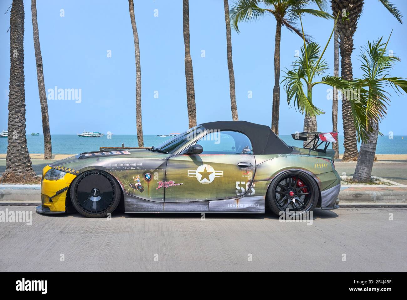 BMW Z convertible customised with an unusual distressed look. Full length side view Stock Photo