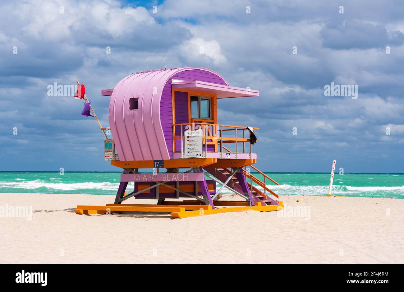 Colorful lifeguard  ower on sunny South Beach, Miami, Florida, USA Stock Photo