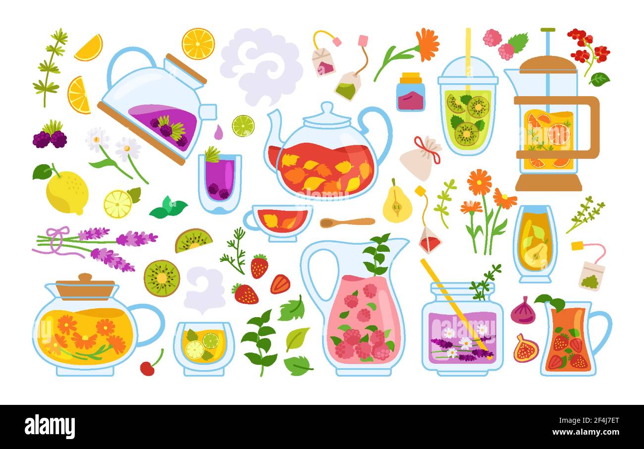 Cup Of Tea And Cocktails Cartoon Set Tea Time Glass Mug Teapot Herbs Fruits Ingredients For