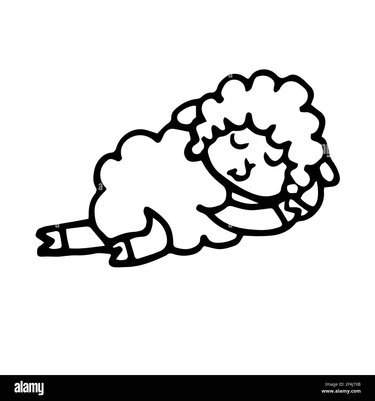 Cheerful funny ram. Sleeping. Lamb outline hand drawing. Isolated on white background. Illustration vector Stock Vector