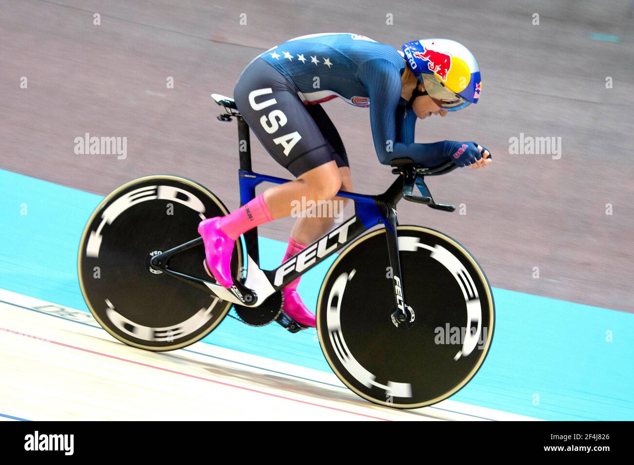World champion Chloe Dygert of the United States during her gold medal ride in  the women’s individual pursuit. UCI Track World Championships, Berlin, Stock Photo