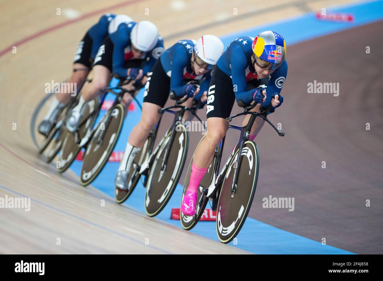 Chloe Dygert leads the USA teamt to a gold medal in the women’s team pursuit race at the UCI Track World Championships, Berlin, Germany (Photo by Case Stock Photo