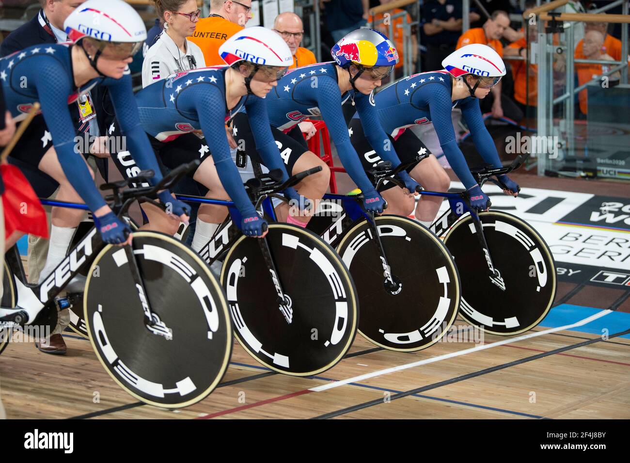 The Team USA women’s team pursuit squad on the start line, before their gold medal ride. , UCI Track World Championships, Berlin, Germany Stock Photo