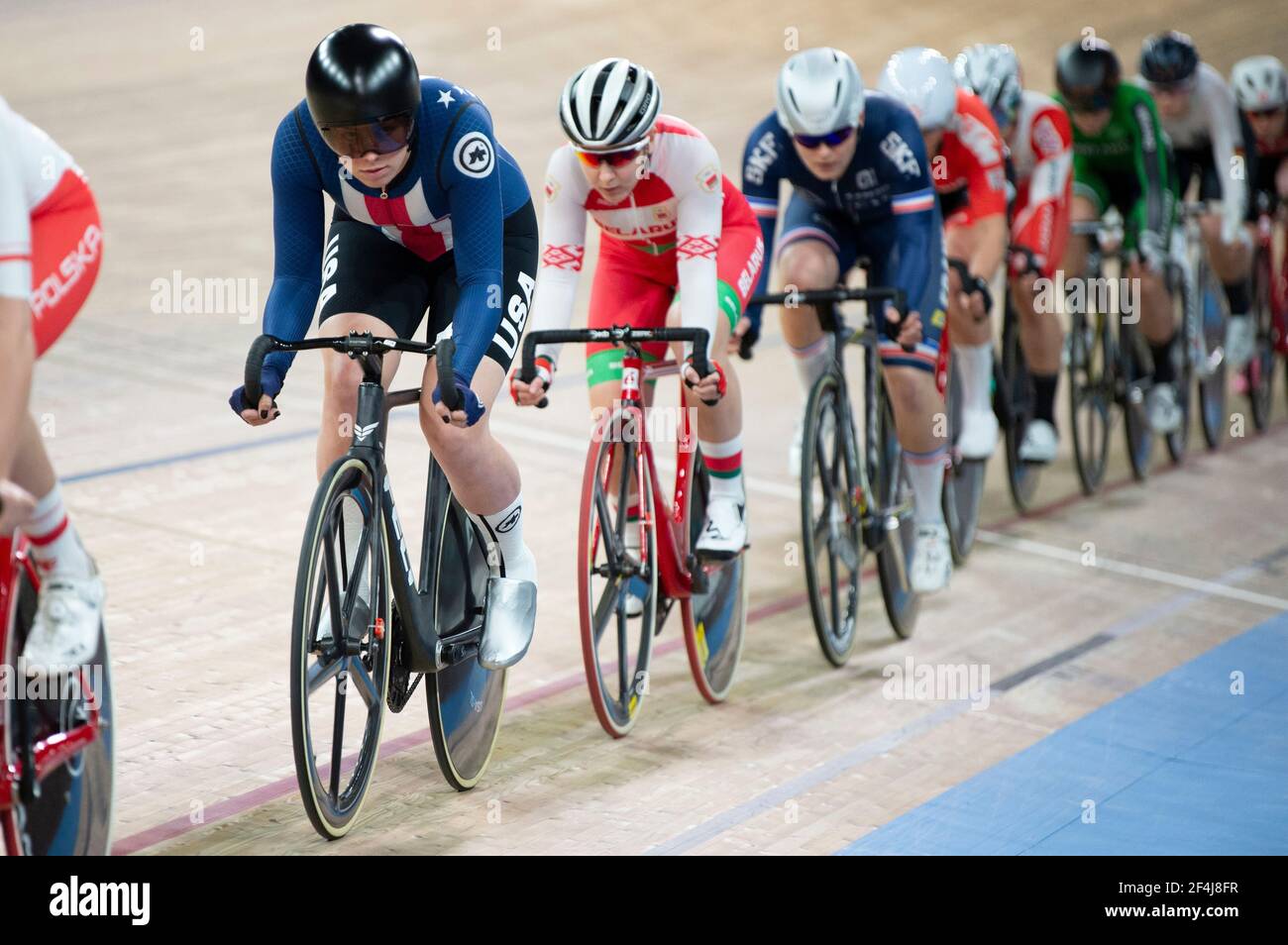 Jennifer Valente of Team USA during the scratch race, where she finished second. UCI Track World Championships, Berlin, Germany Stock Photo