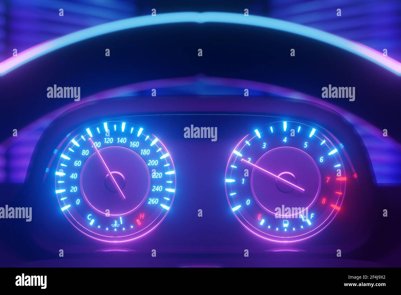 3D illustration of the car panel, digital bright speedometer, odometer