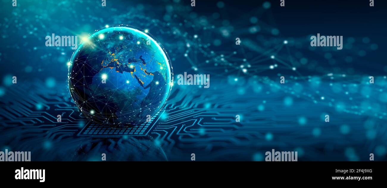 Global Social Network and Business Connection Concept. Digital world on the converging point of circuit. Future of the internet and technology. Elemen Stock Photo