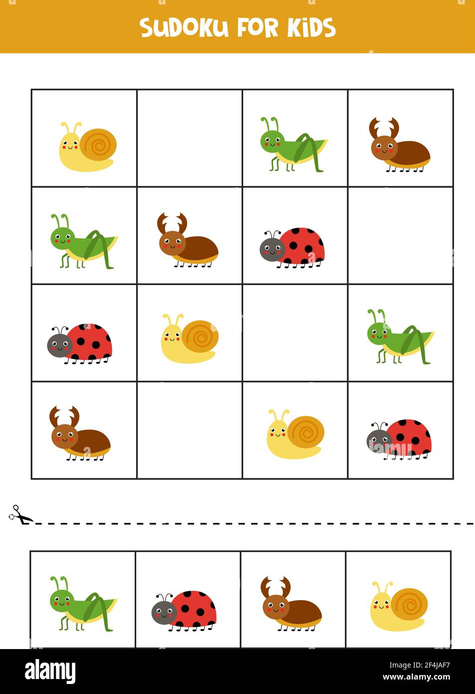 Sudoku for preschool kids. Logical game with cute insects. Stock Vector