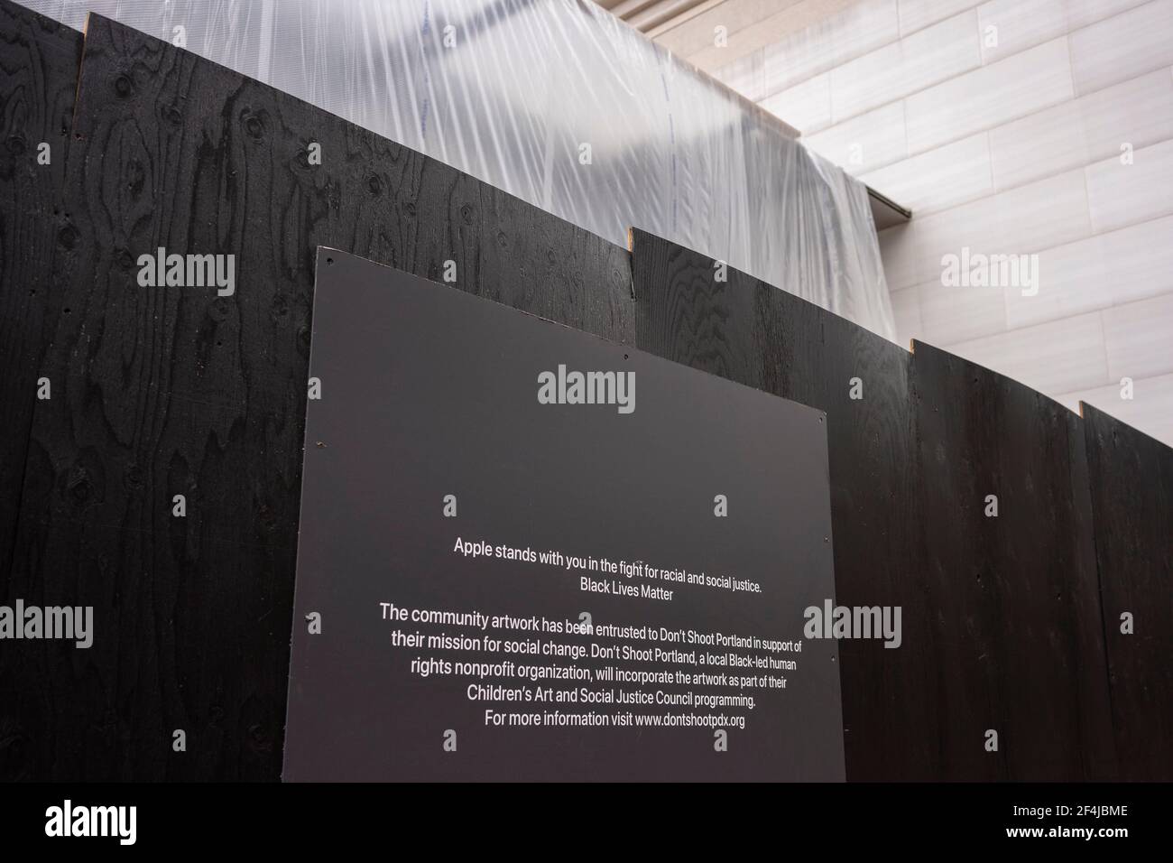 Apple Store Pioneer Place in downtown Portland reopened on February 22 after the famous BLM community artwork surrounding the store was removed and ... Stock Photo