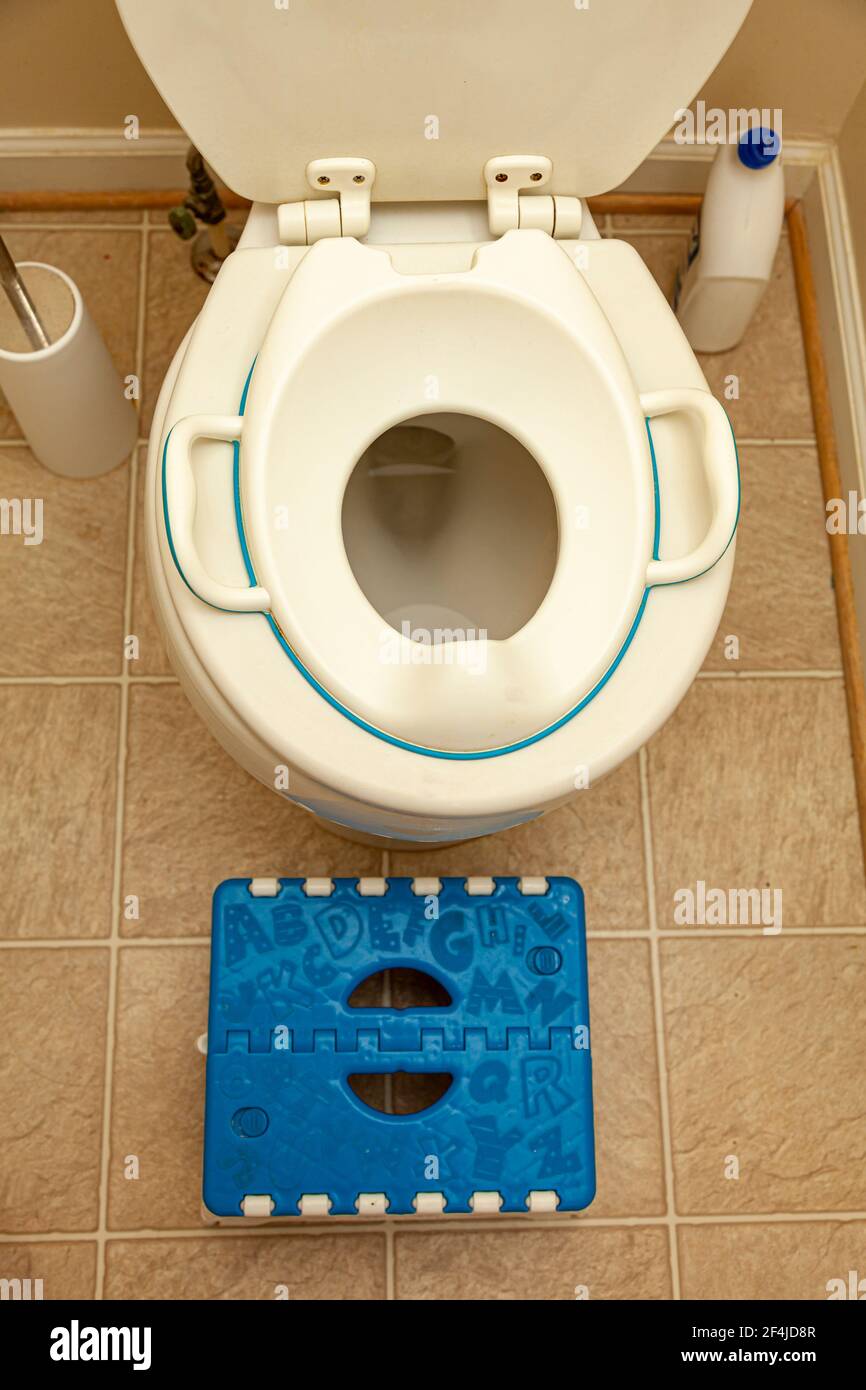 A child toilet seat attachment placed on top of a toilet for a kid during potty training. A step plastic stool is placed to help the kid get up to the Stock Photo