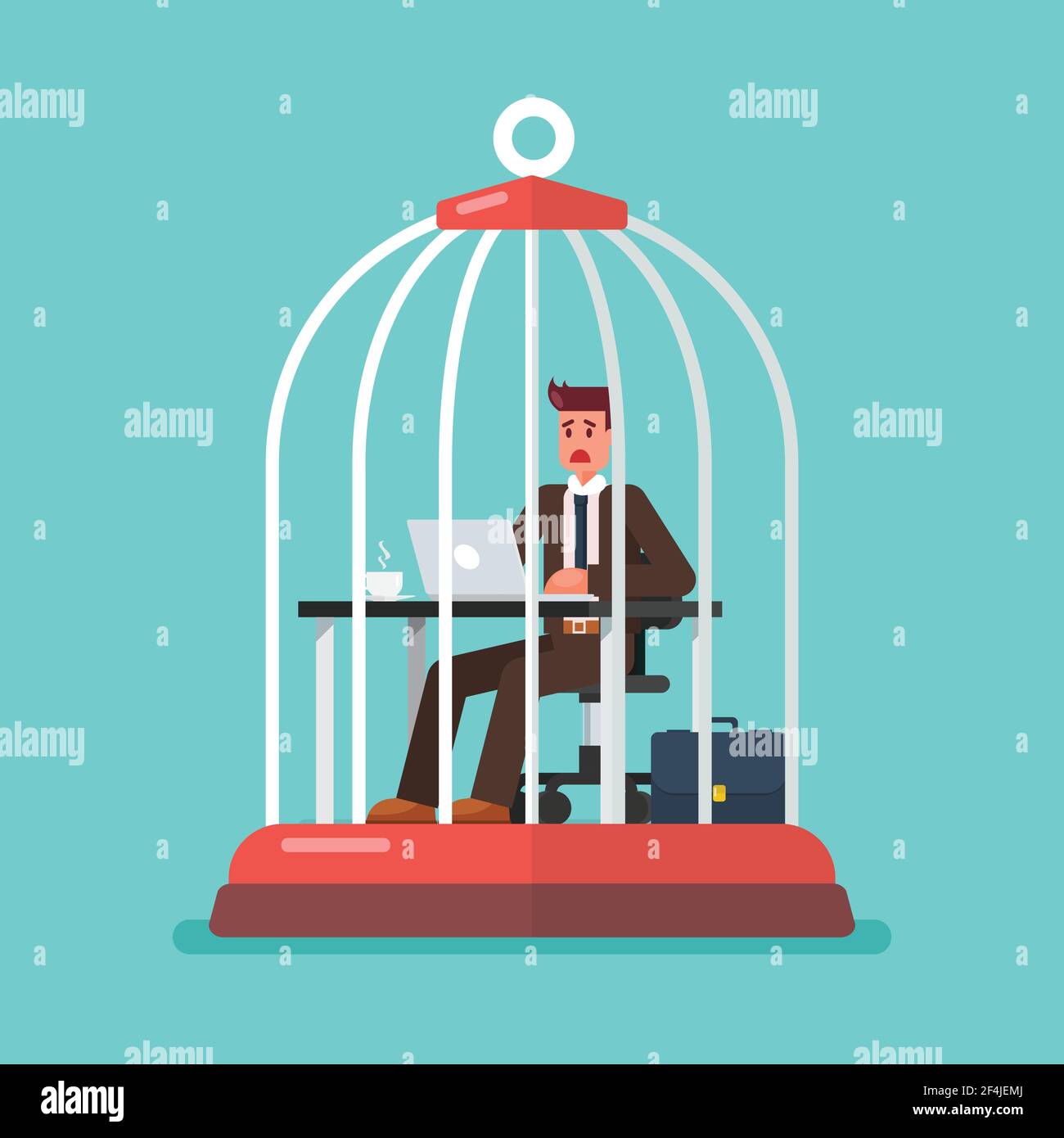 business man working at desk trapped inside birdcage. Stress at work concept. Vector illustration Stock Vector