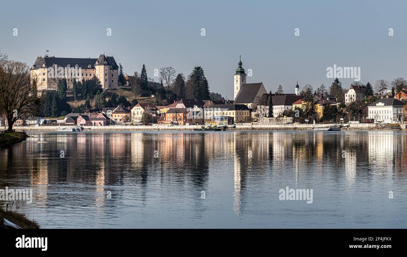 Panoramic View of the City Grein at the River Danube, Austria Stock Photo