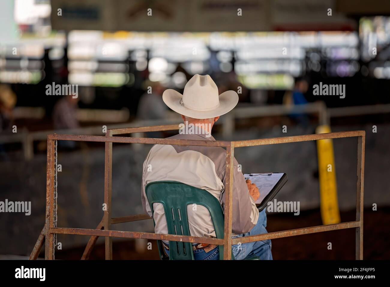 Judge in cowboy attire sits in tower judging a cutting competition Stock Photo