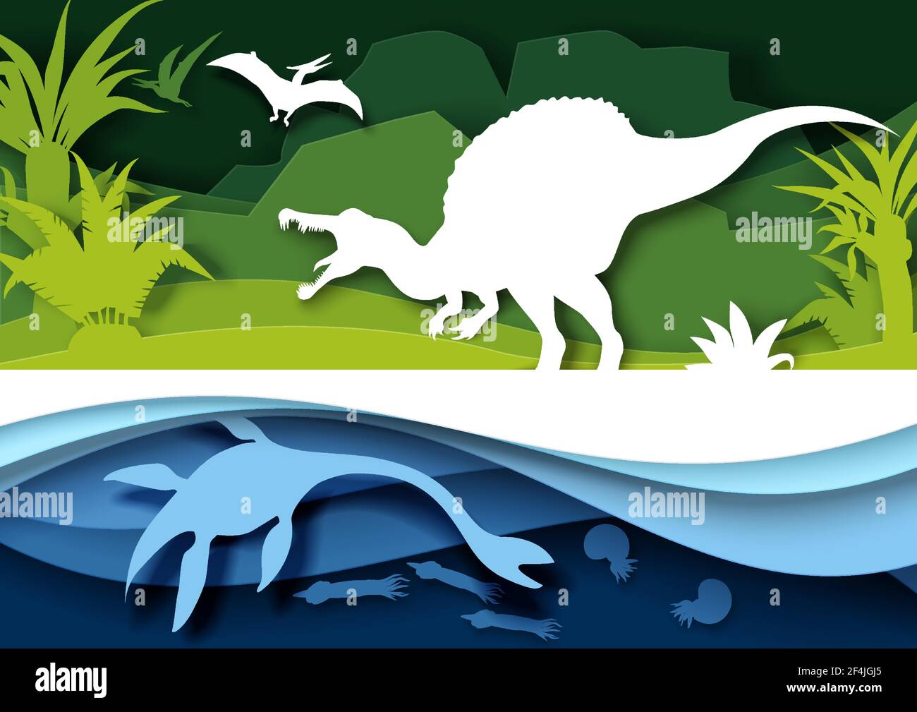 Paper cut dino silhouettes and nature landscape, vector illustration. Dinosaur, reptile wild animal. Archeology, history Stock Vector