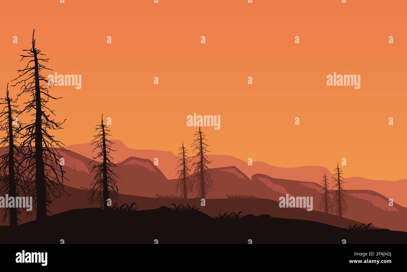 Pdusk Vector A dramatic silhouette of the mountains and dry trees at dusk. Vector ...