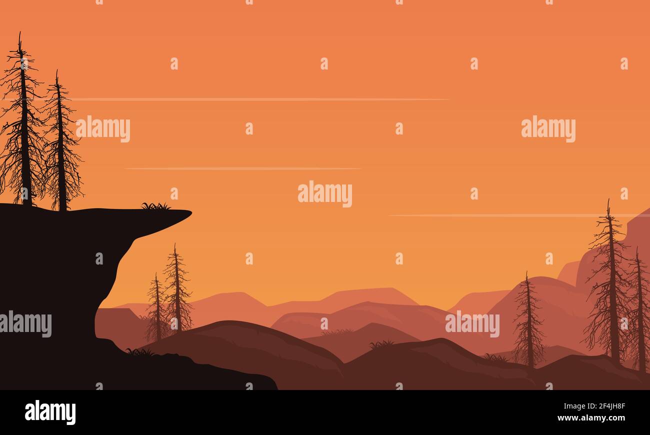 Pdusk Vector The panoramic view of the fantastic silhouette of mountains and dry ...