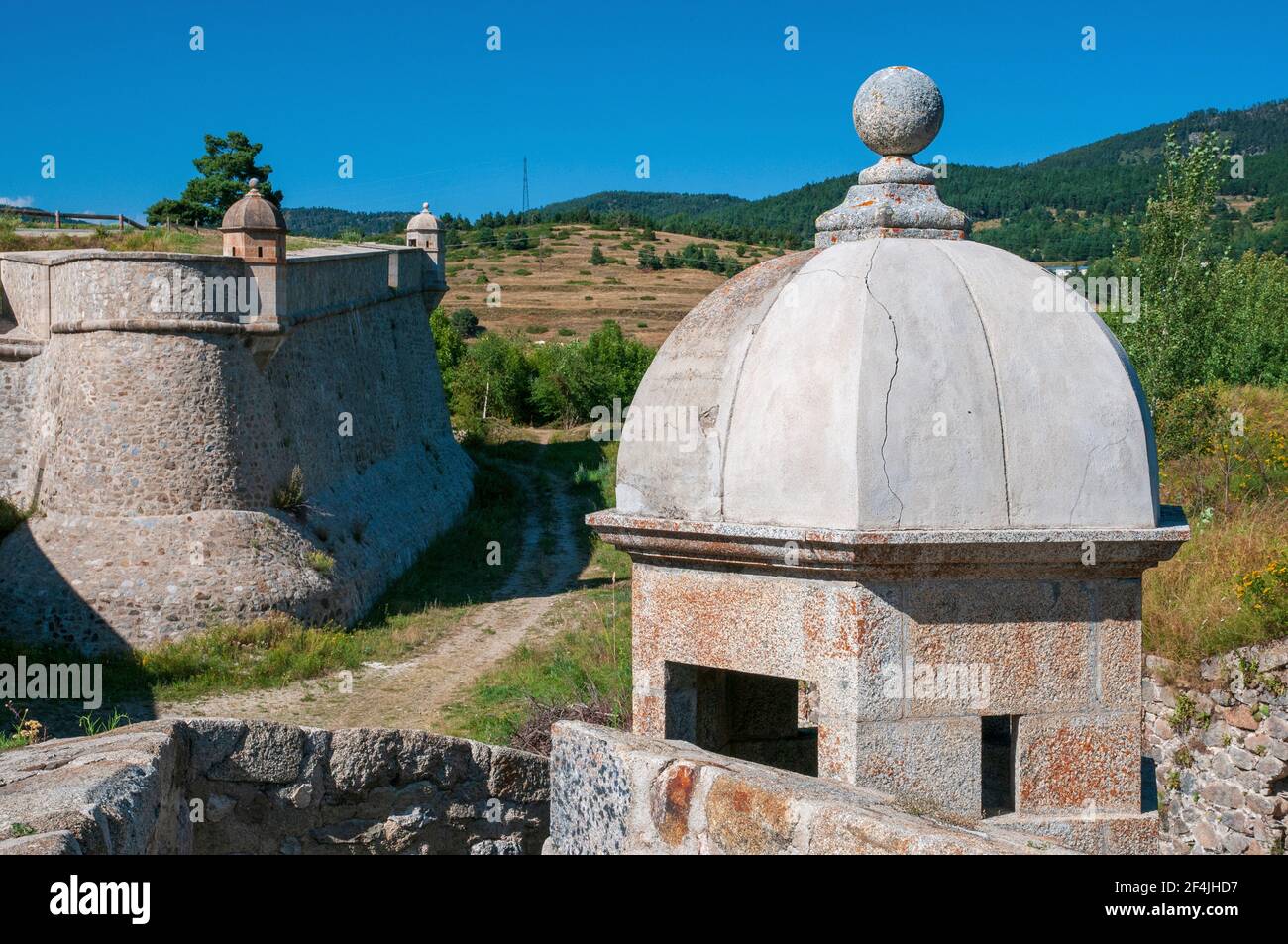 Wall and watchtower in the fortified town of Mont-Louis, Pyrenees-Orientales (66), Occitanie region, France. It was built by Vauban and it is a UNESCO Stock Photo