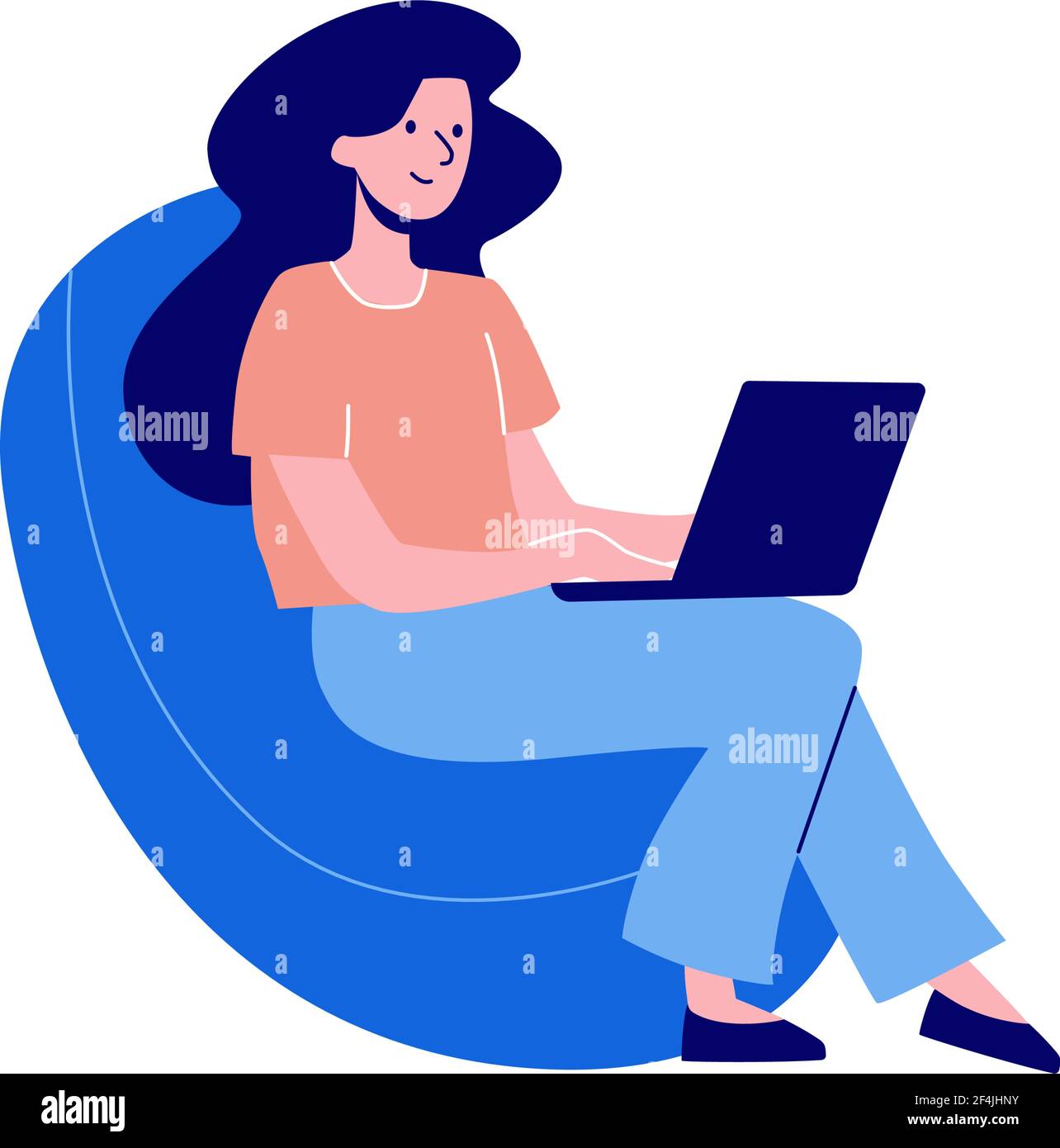 The girl works at a laptop, sitting in an easy chair. Vector illustration in a flat style. The woman studied at home, takes lessons online Stock Vector