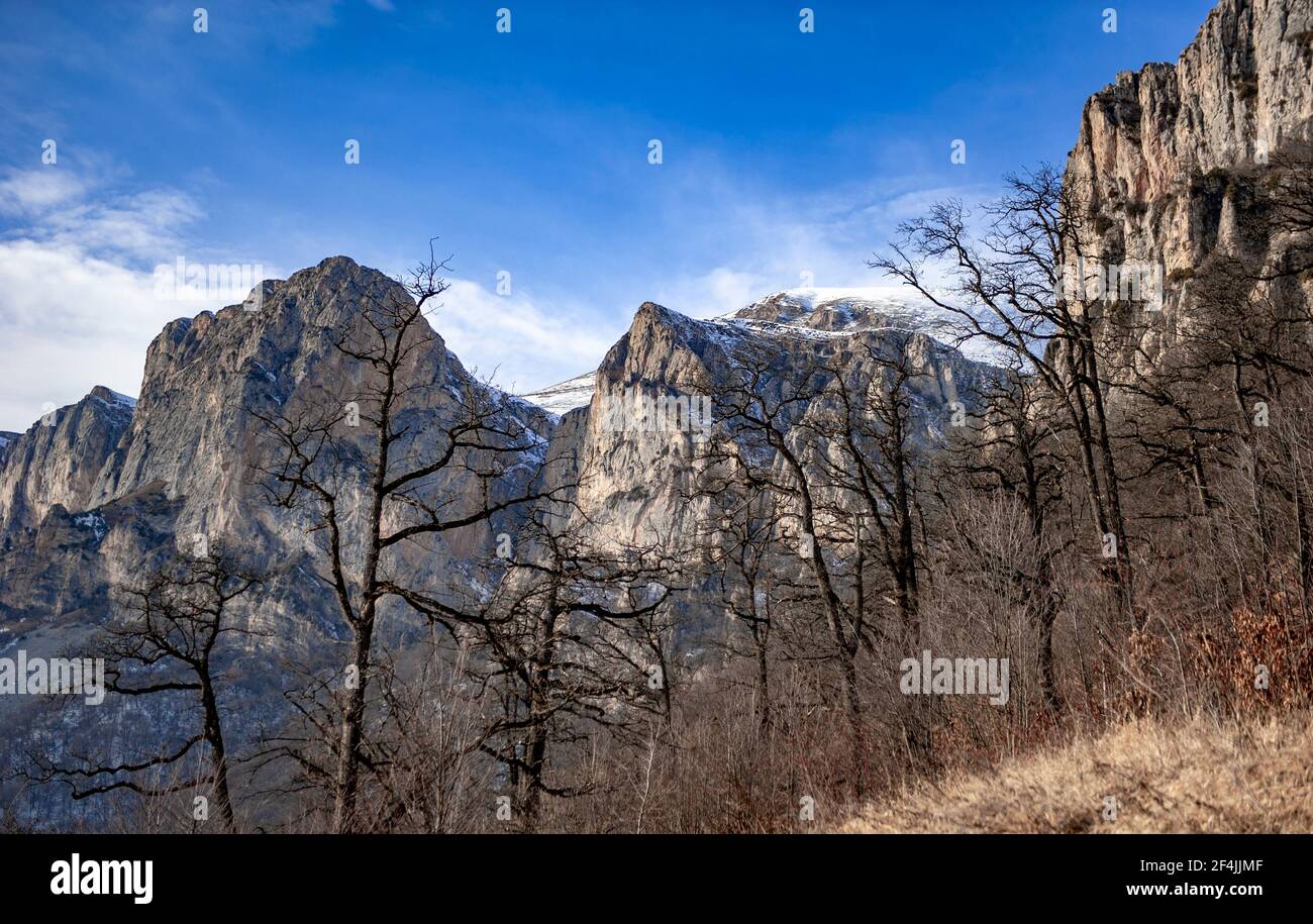 Sheer cliffs of the Sartsapat mountain ('Ice Wall' in Armenian) in the Tavush province of Armenia Stock Photo