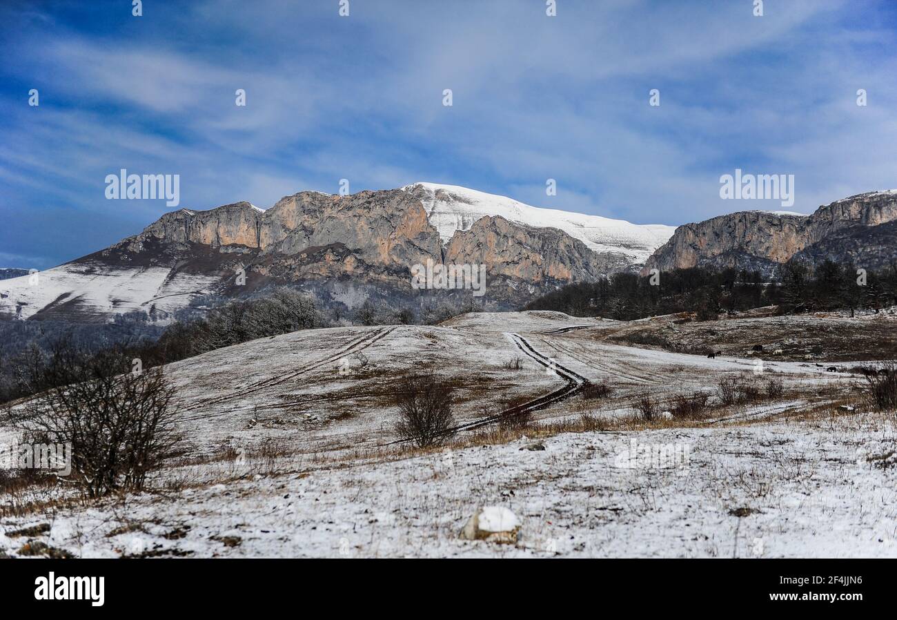 Scenic winter landscape view of the Sartsapat mountain in Tavush province of Armenia Stock Photo