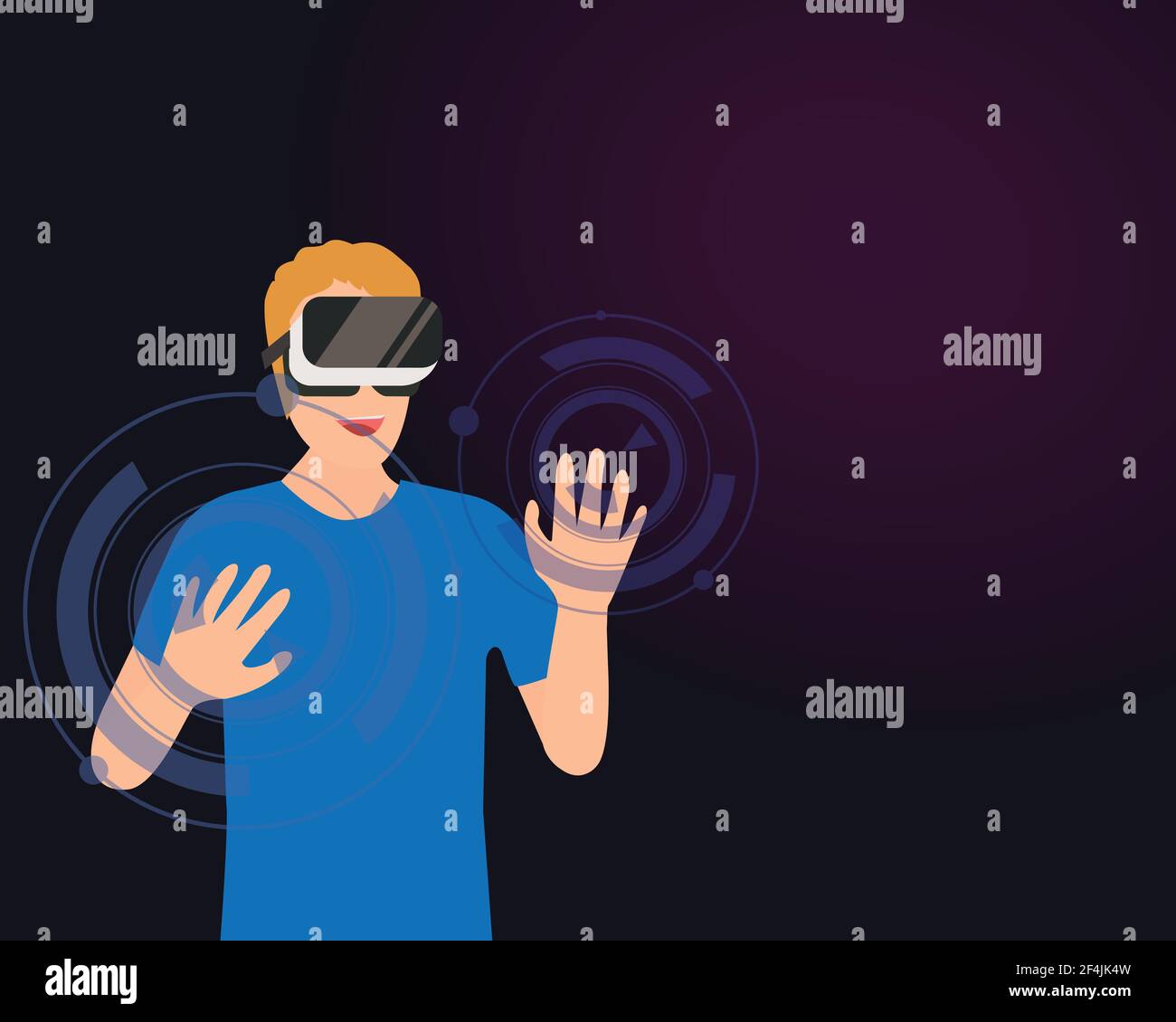 Young man wearing virtual reality glasses. Smiling man using VR goggles headset to move object. Vector illustration design. Stock Vector