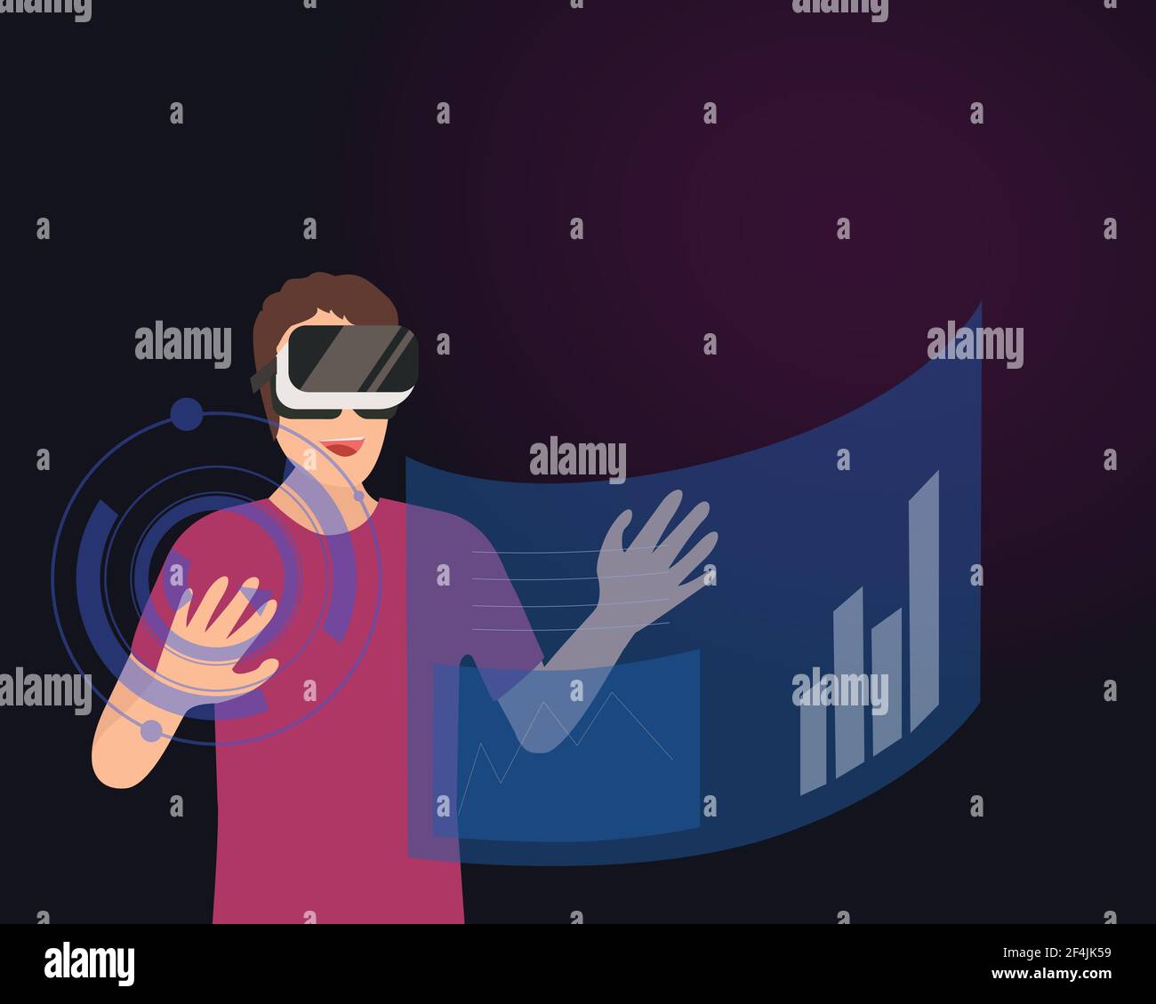 Young man wearing virtual reality glasses. Smiling man using VR goggles headset to move object. Vector illustration design. Stock Vector