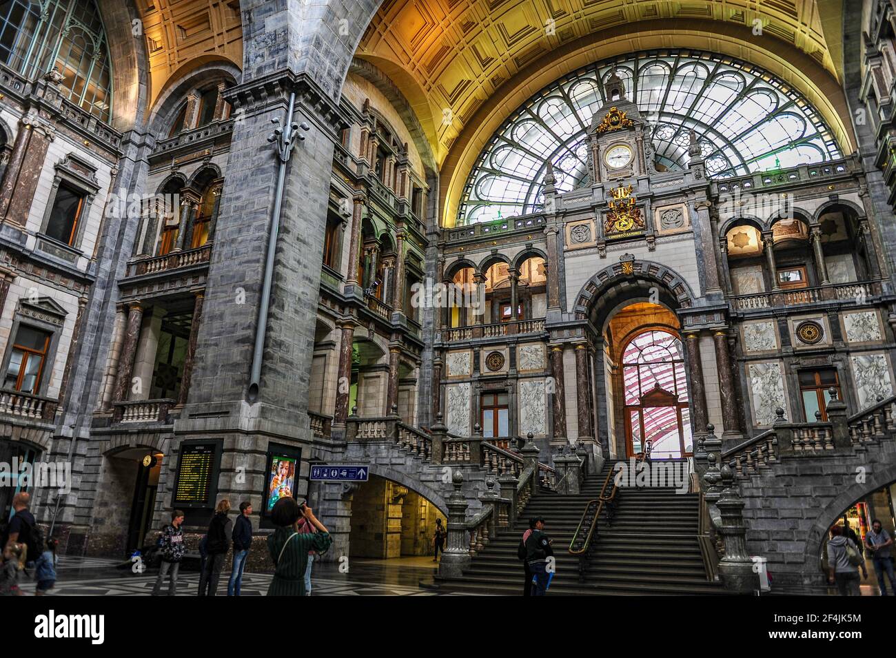 Antwerp, Belgium - July 12, 2019: Beautiful stairway of the Antwerp Central train station in Antwerp, Belgium Stock Photo