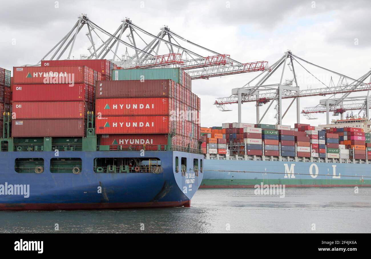 File photo dated 17/7/2018 of container ships at Southampton Docks. A £20 million competition has been launched to develop technology to reverse the increase in carbon emissions from shipping. Issue date: Monday March 22, 2021. Stock Photo