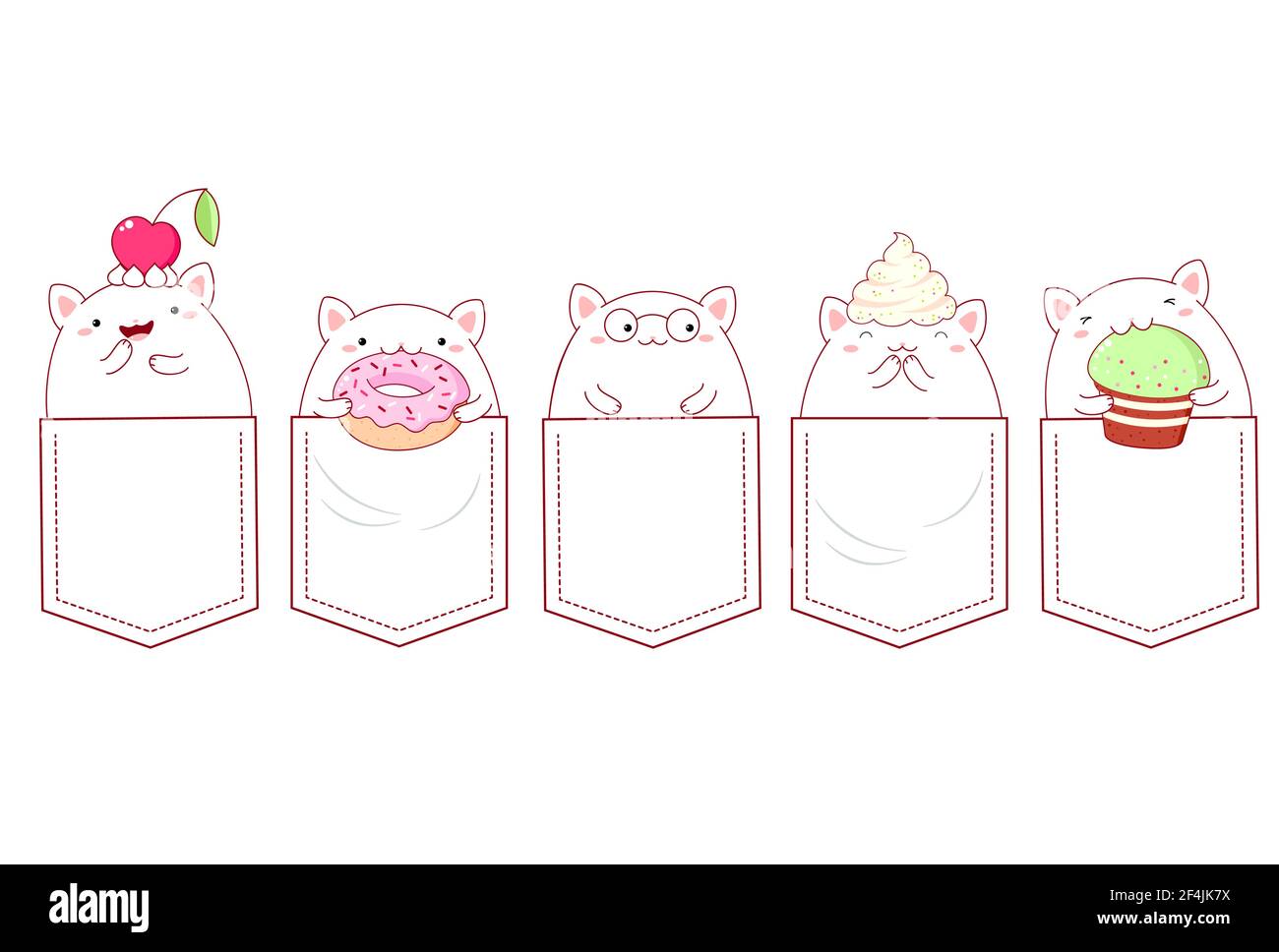 Cute cartoon characters pocket set. Baby collection of kawaii cats with donut, cupcake and cherry in pockets. Childish print with funny fat kitty for Stock Vector