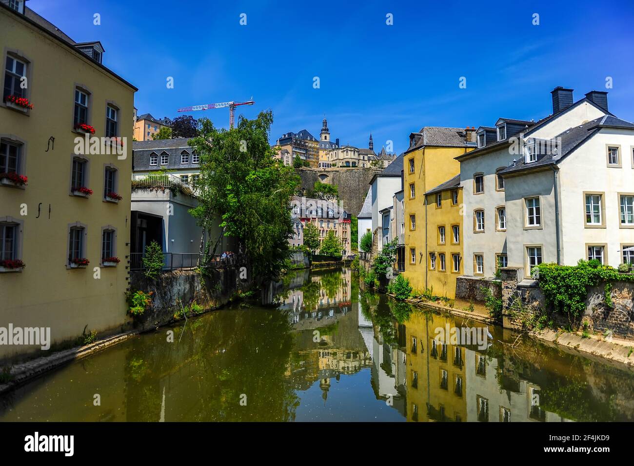 Luxembourg city, Luxembourg - July 16, 2019: Cozy old riverside houses in the old town of Luxembourg city in Luxembourg Stock Photo