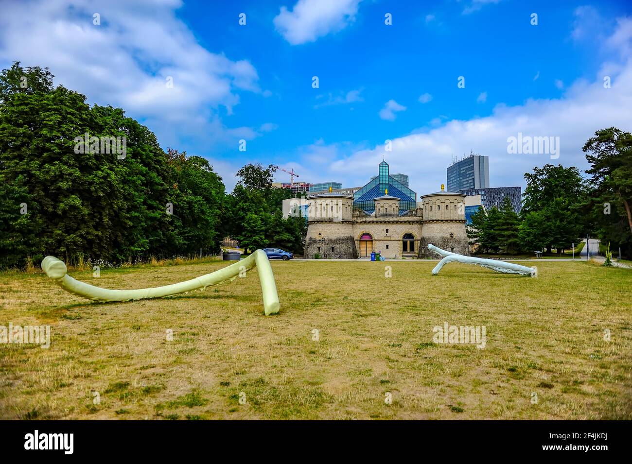Luxembourg city, Luxembourg - July 15, 2019: Fort Thungen known as Three Acorns fortress and the MUDAM museum in Luxembourg city, Europe Stock Photo
