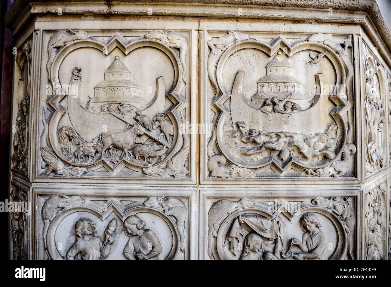 Paris, France - July 18, 2019: Bas relief at the Sainte Chapelle royal chapel in Paris depicting the Armenian cathedral of Zvartnots on Noah's Ark Stock Photo