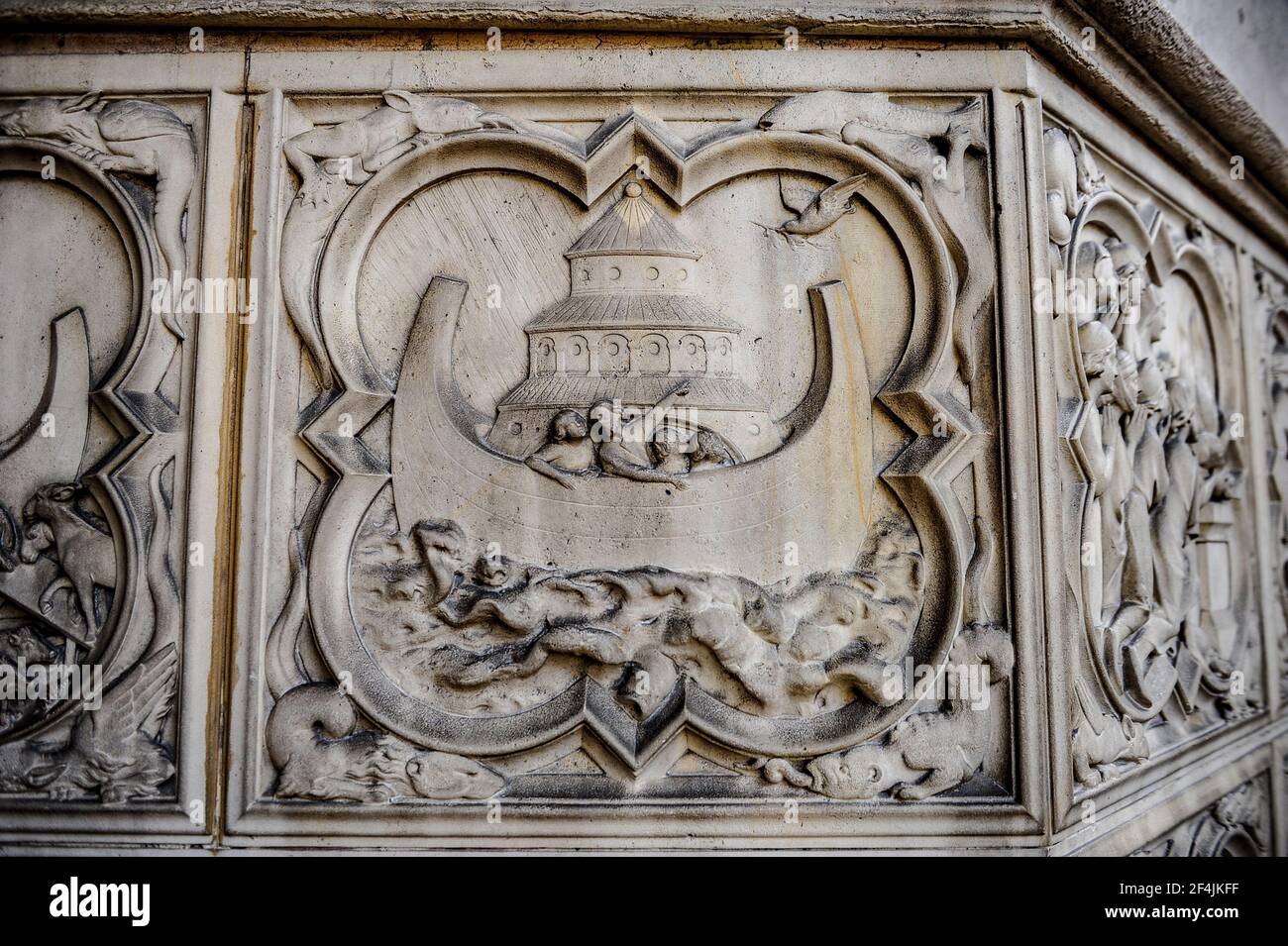 Paris, France - July 18, 2019: Bas relief at the Sainte Chapelle royal chapel in Paris, France, depicting the Armenian Zvartnots cathedral on Noah Ark Stock Photo