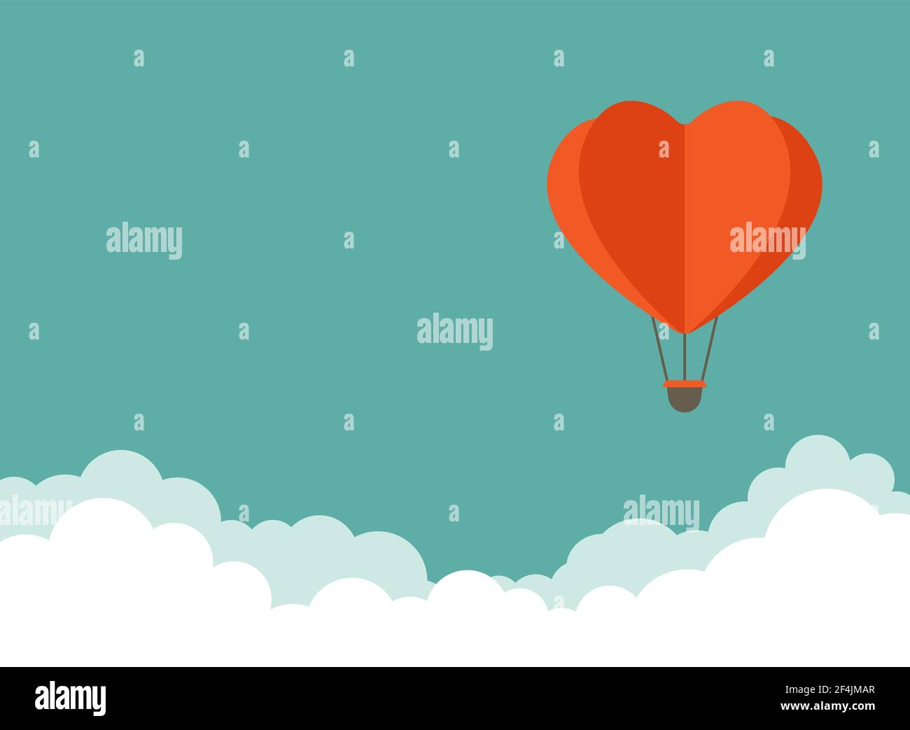 red heart air balloons flying in the blue sky with clouds. Flat cartoon ...