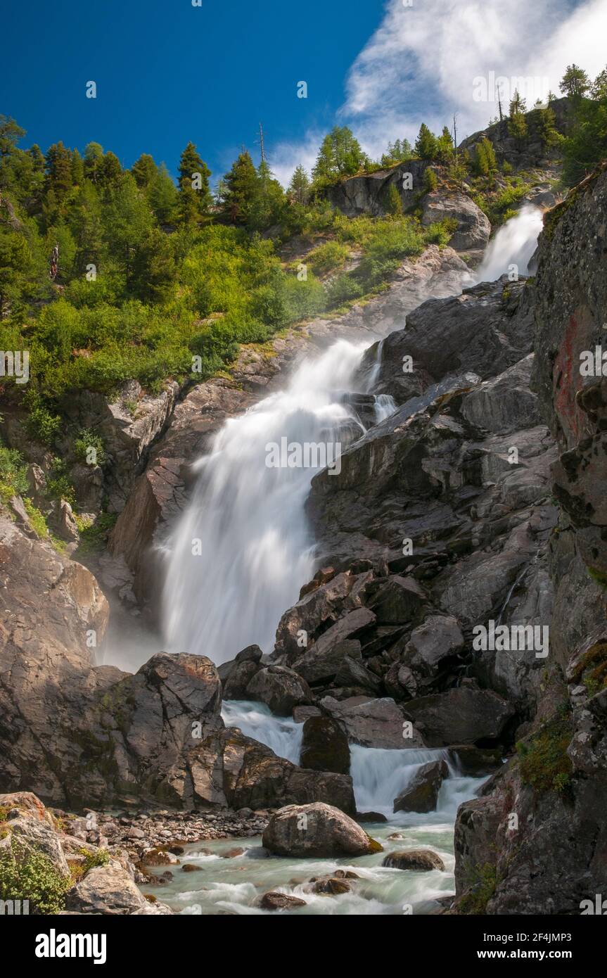 Ruitor waterfalls in the Mont Blanc massif, Italian Alps, La Thuile, Aosta valley, Italy Stock Photo