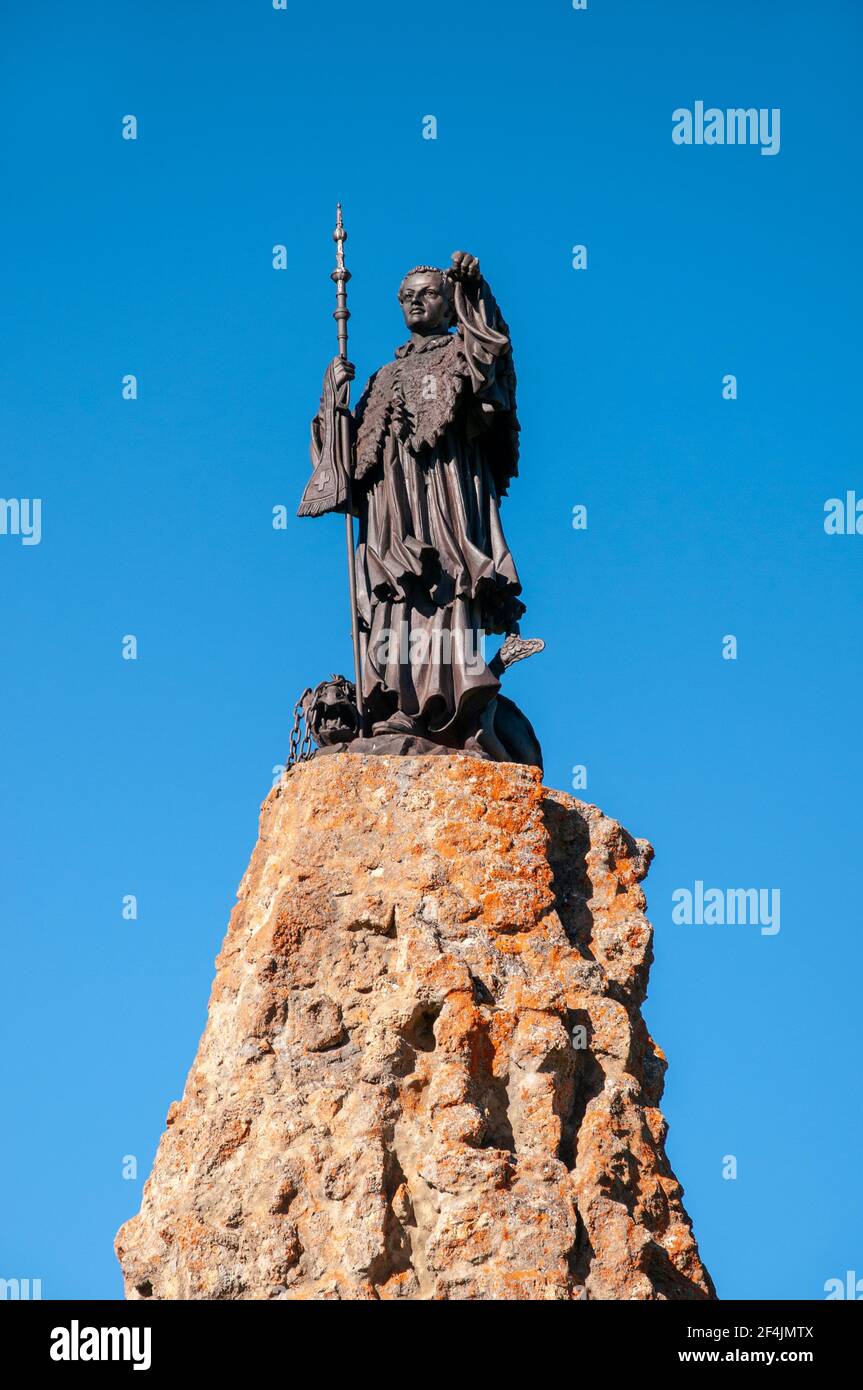 Statue of Saint Bernard d’Aoste (11th century), Petit-Saint-Bernard pass, Savoie (73), Auvergne-Rhone-Alpes, France Stock Photo