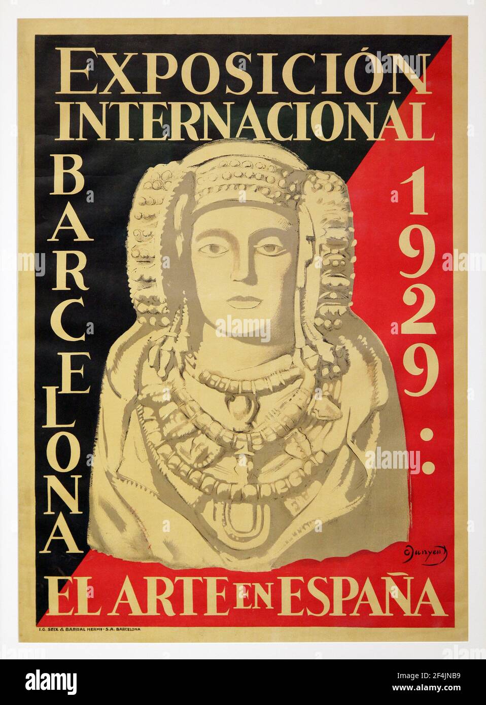 Vintage Poster from The1929 Barcelona International Exposition aka 1929 Barcelona Universal Exposition,Expo 1929,Exposició Internacional de Barcelona de 1929 It was the second World Fair in Barcelona from 20 May 1929 to 15 January 1930 in Barcelona, Spain.Held on Montjuïc.On this poster is the Lady of Elche.made by the artist Junyent Sans Oleguer Stock Photo