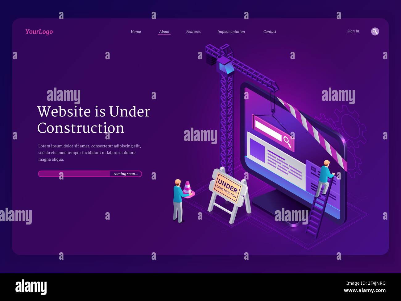 Website under construction isometric landing page Stock Vector