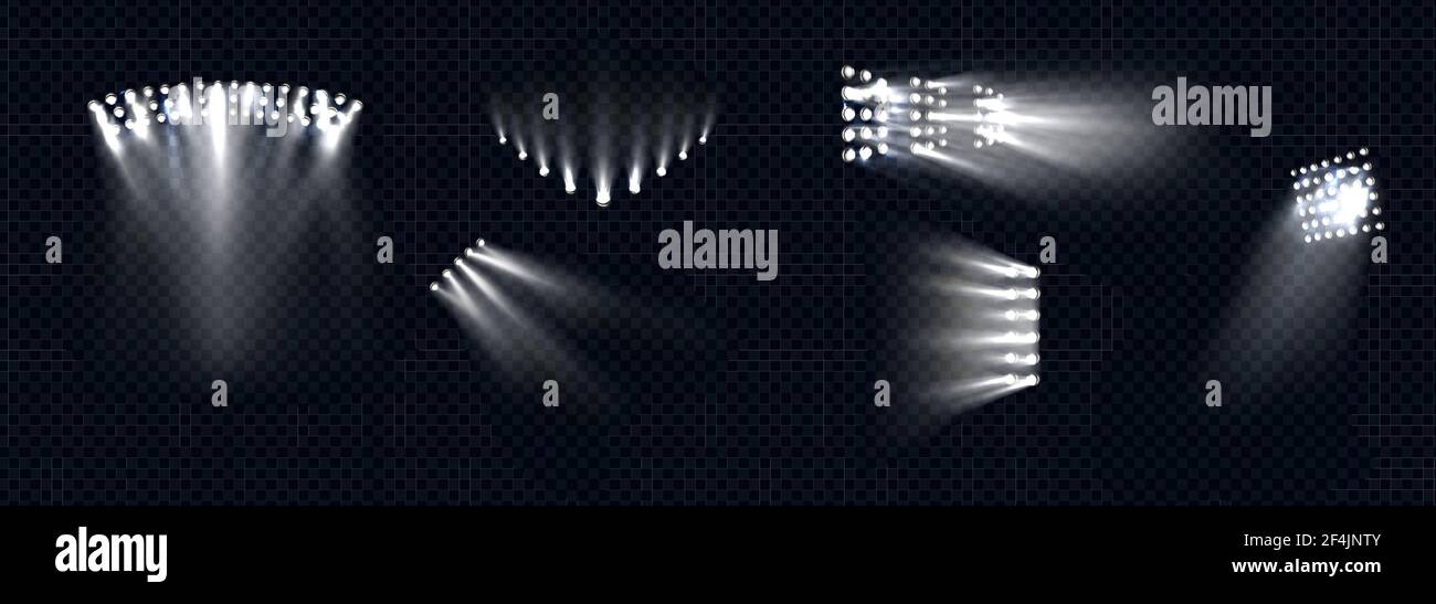 Spotlights, stage light white beams lamps rays set Stock Vector Image