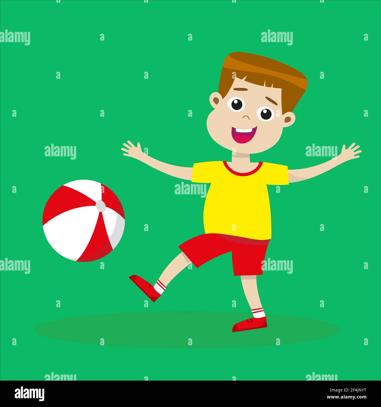 Boy with ball. Happy kid playing beachball. Stock Vector