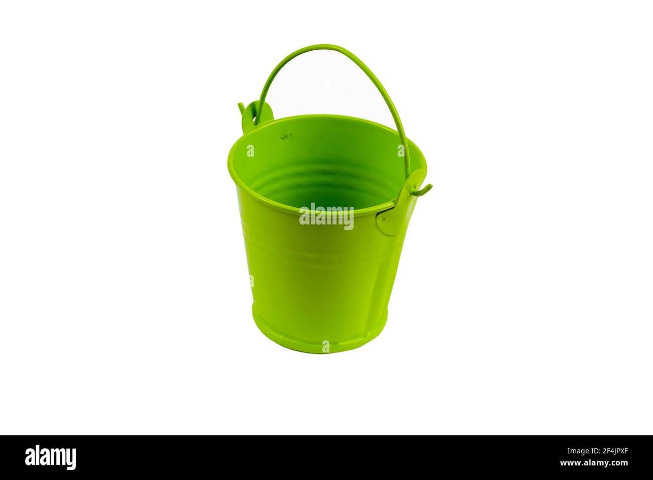Empty green metal bucket on a white background. An bucket with a handle. Isolated Stock Photo