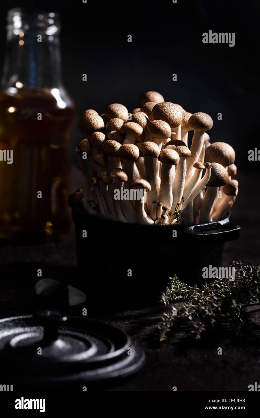 Brown shimeji mushroom group in a black cast iron pot decorated with thyme, garlic and olive oil Stock Photo