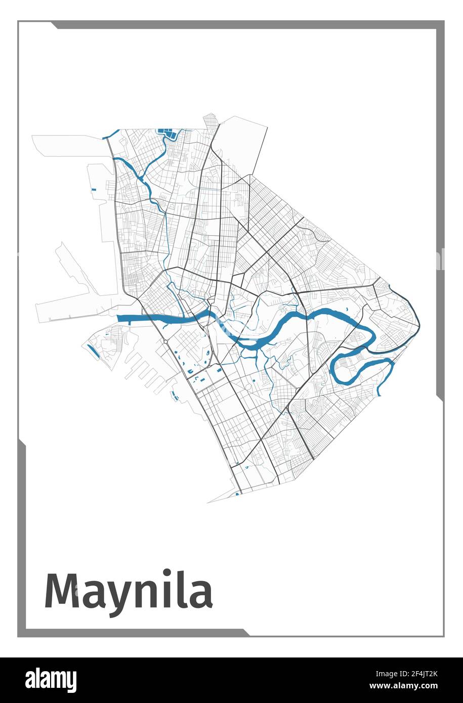 Manila map poster, administrative area plan view. Black, white and blue detailed design map of Manila city with rivers and streets. Outline silhouette Stock Vector